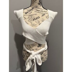 My Boo White Knit Wrap Crop Top with Tie Waist Size L